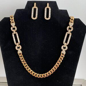 Chunky Gold and Rhinestone Necklace and Pierced Earring Set